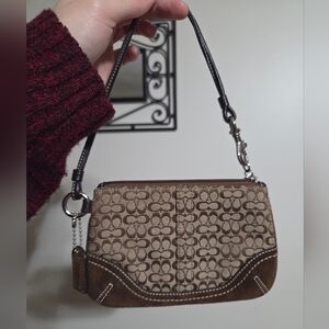 Y2K Vintage Coach Brown Leather/Suede/Mini Signature Jaquard Fabric Wristlet